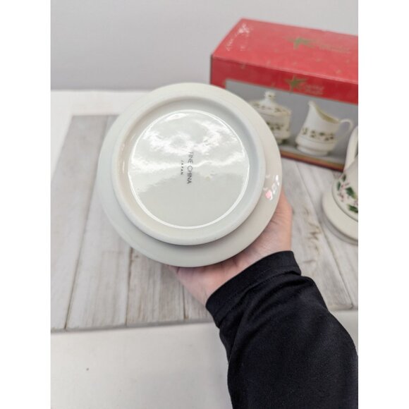 Porcelain Creamer Sugar Bowl Set "A Season Of Wonder" Christmas Holly Design - Picture 8 of 12